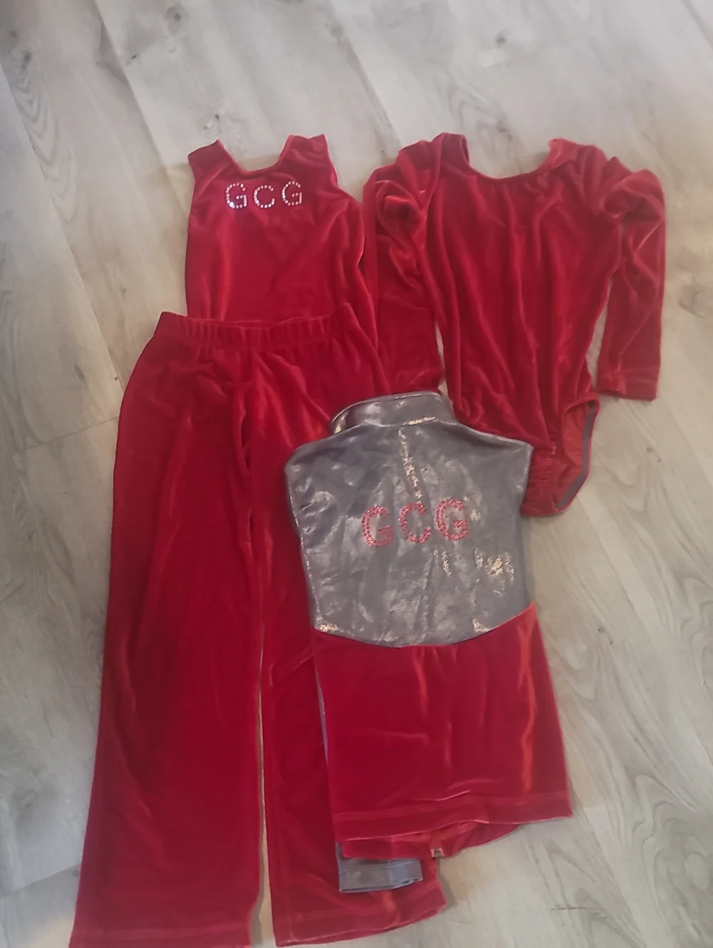GK Leotard Set Red Velvet Gymnastics Leotard and Jacket/Pant Set CM & CL EUC!